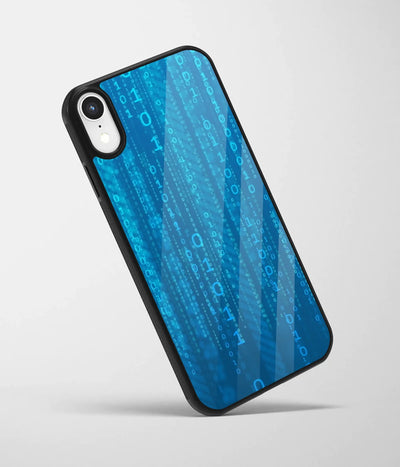 An angled view of a glass phone case featuring a vibrant design.