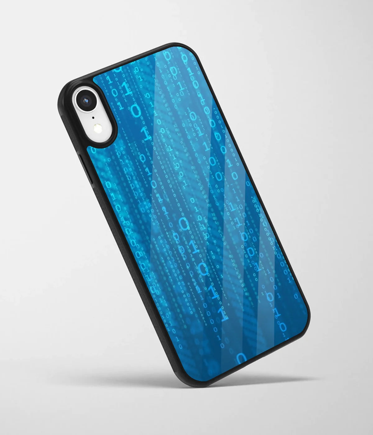 An angled view of a glass phone case featuring a vibrant design.