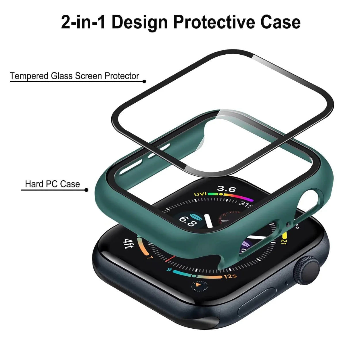 Apple Watch case illustrating its 2-in-1 protective design, featuring a durable Hard PC outer shell and a built-in tempered glass screen protection.
