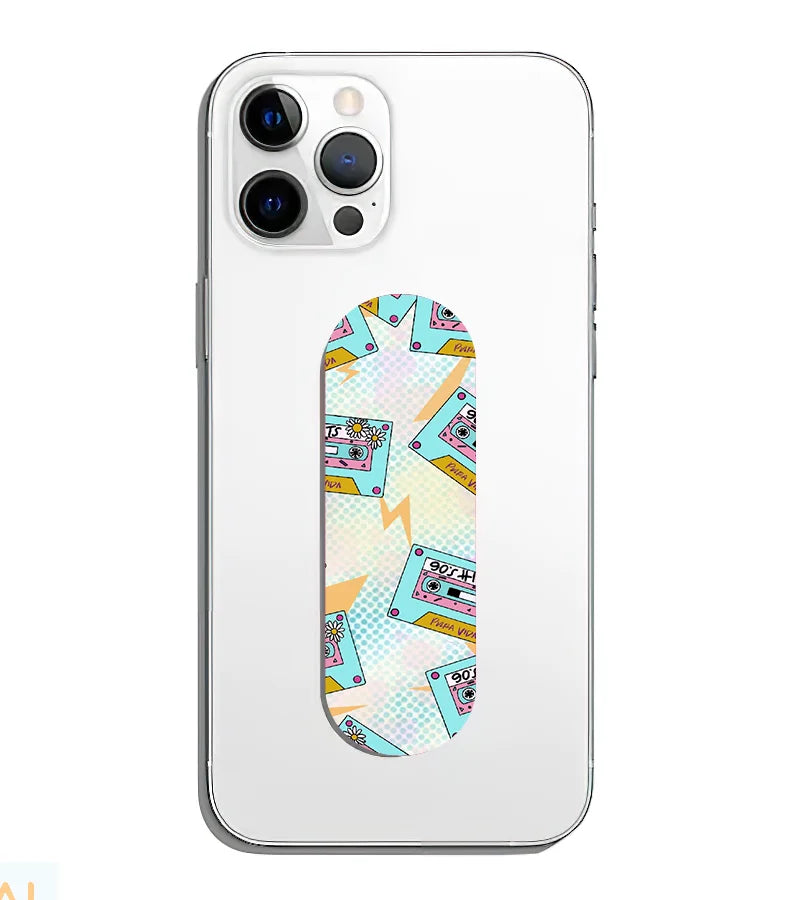 A phone grip slider applied to the back of a smartphone.