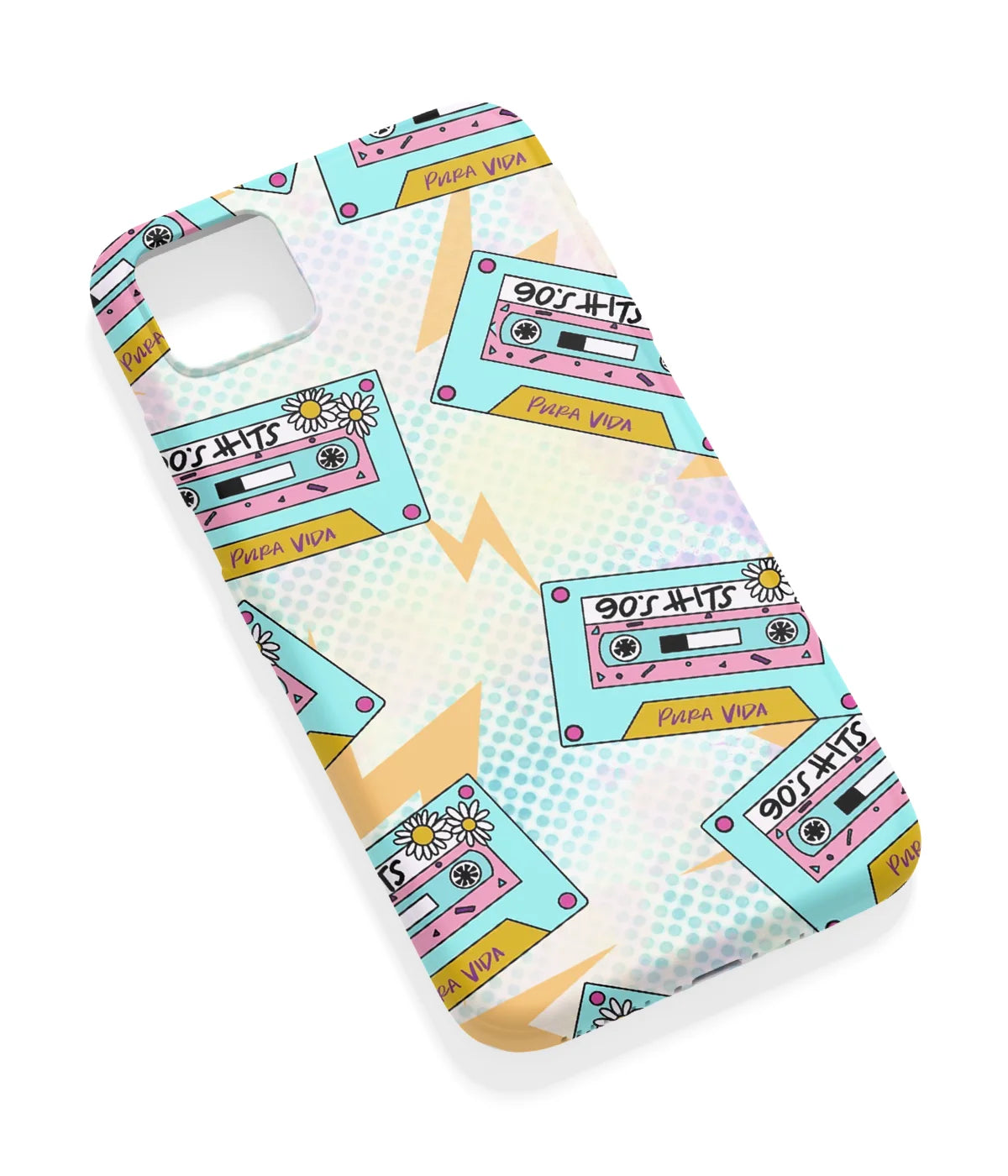 An angled view of a soft silicone case featuring a vibrant design.