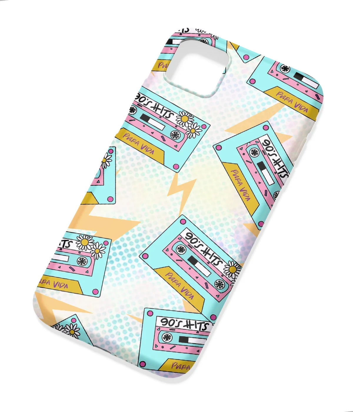 An angled view of a soft silicone case featuring a colorful design.