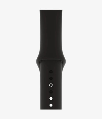 Close-up of the silicone Apple Watch band, showcasing its smooth finish and secure pin-and-tuck closure mechanism.