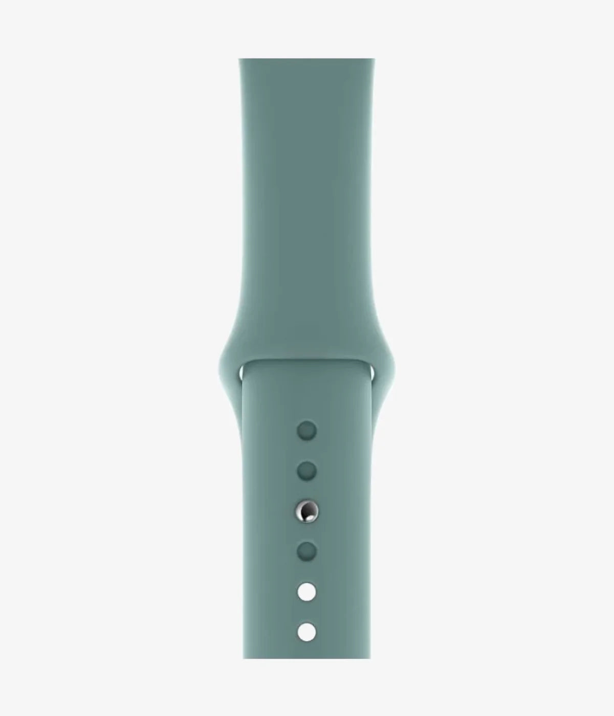 Close-up of the silicone Apple Watch band, showcasing its smooth finish and secure pin-and-tuck closure mechanism.
