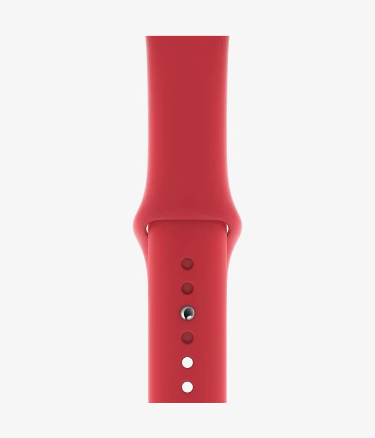 Close-up of the silicone Apple Watch band, showcasing its smooth finish and secure pin-and-tuck closure mechanism.