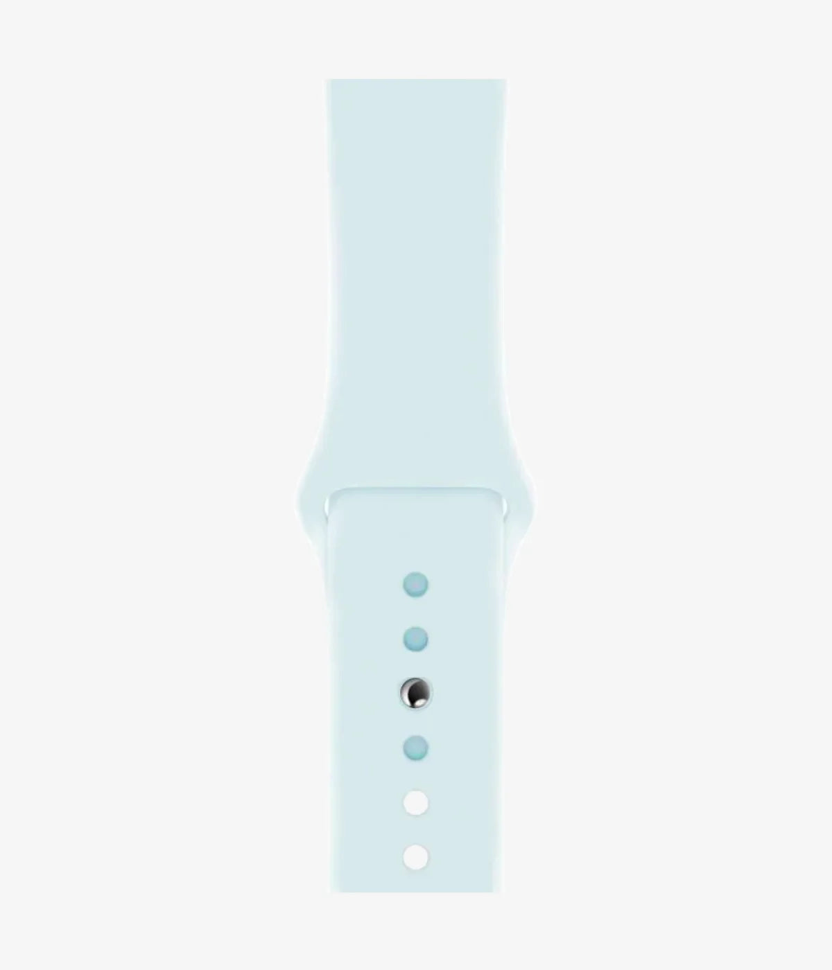 Close-up of the silicone Apple Watch band, showcasing its smooth finish and secure pin-and-tuck closure mechanism.