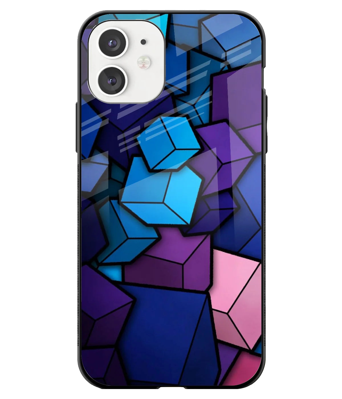 A front-on view of a glass phone case with a colorful design.
