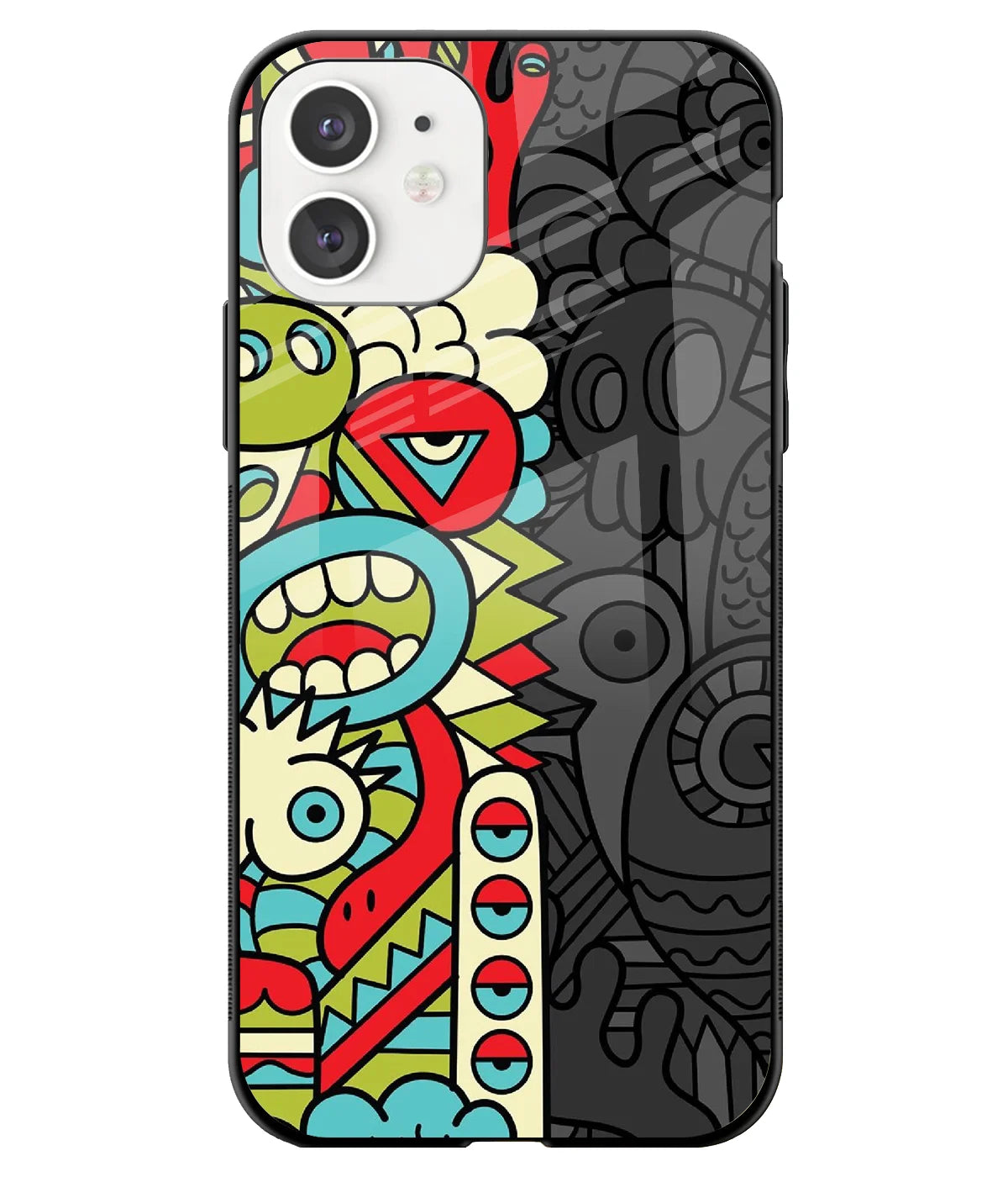 A front-on view of a glass phone case with a colorful design.