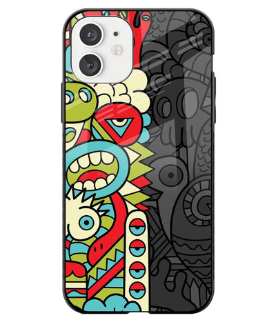 A front-on view of a glass phone case with a colorful design.