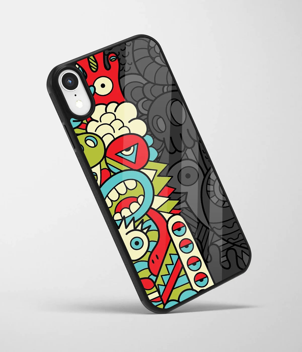 An angled view of a glass phone case featuring a vibrant design.