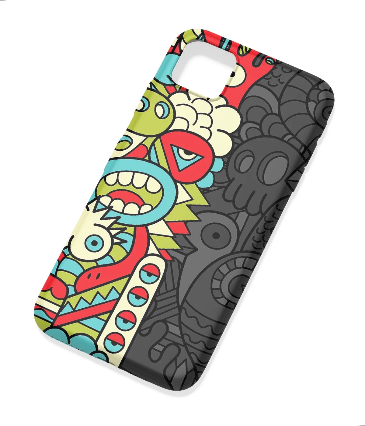 An angled view of a soft silicone case featuring a colorful design.