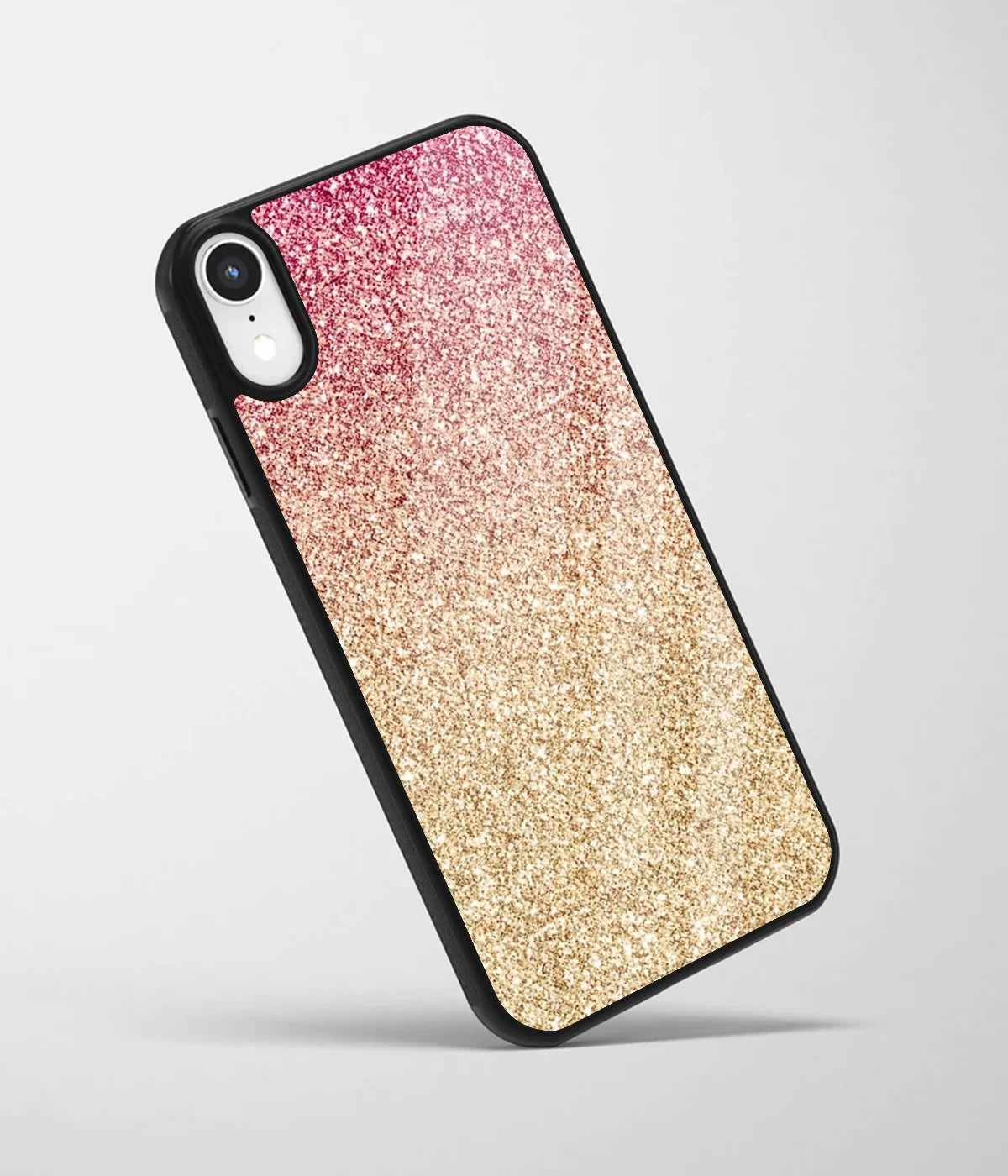 An angled view of a glass phone case featuring a vibrant design.