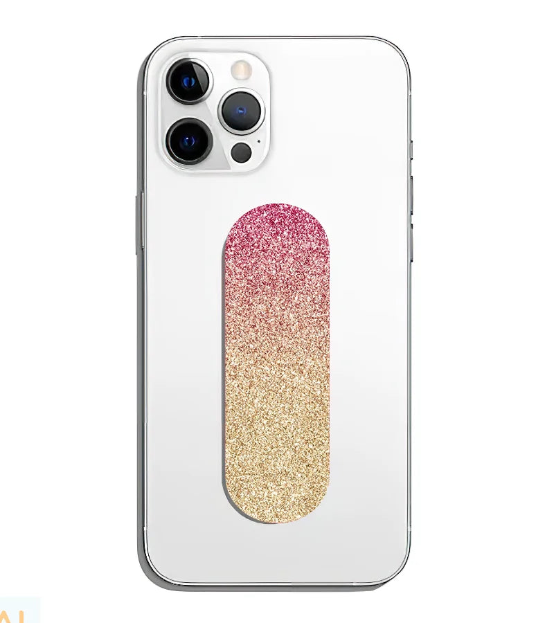 A phone grip slider applied to the back of a smartphone.