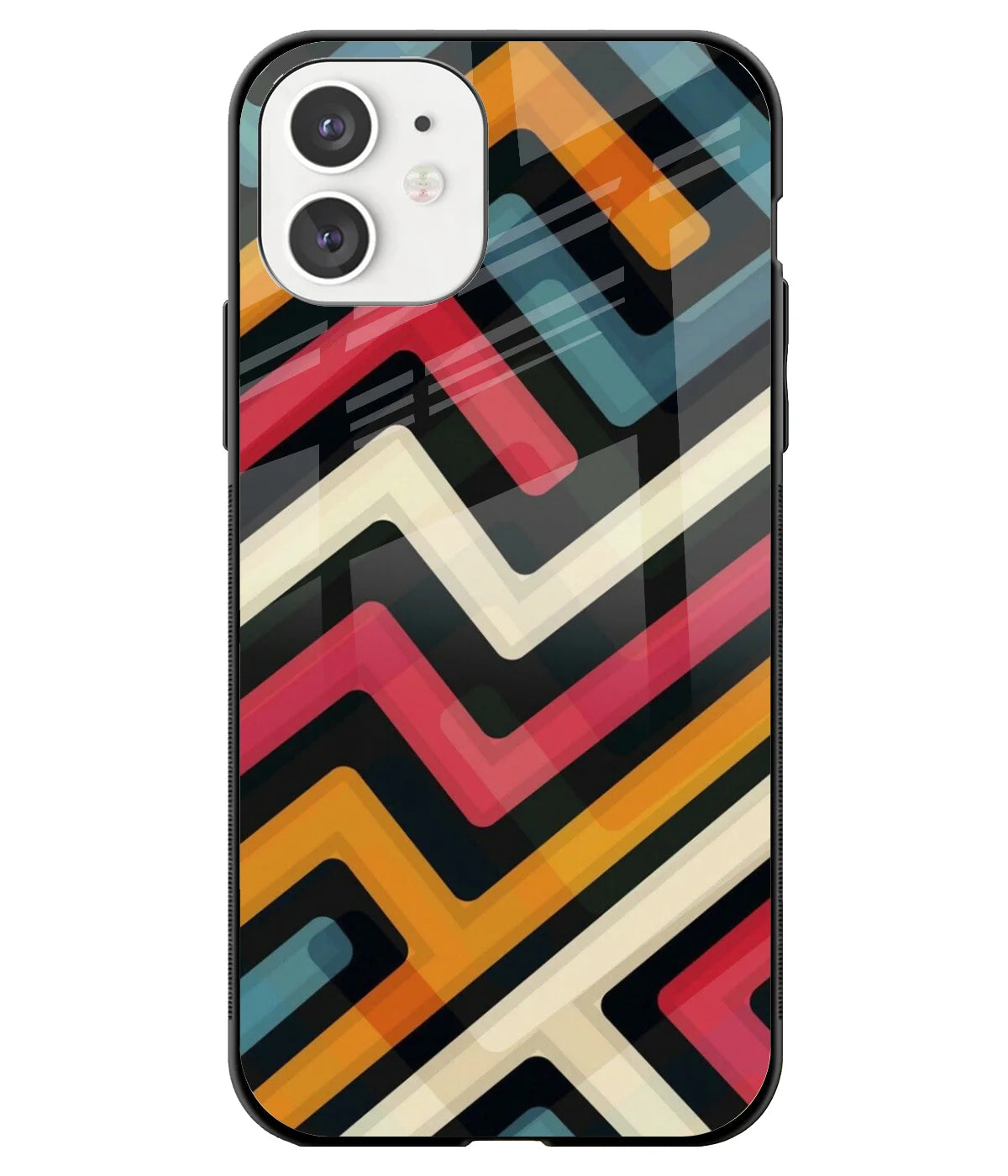 A front-on view of a glass phone case with a colorful design.