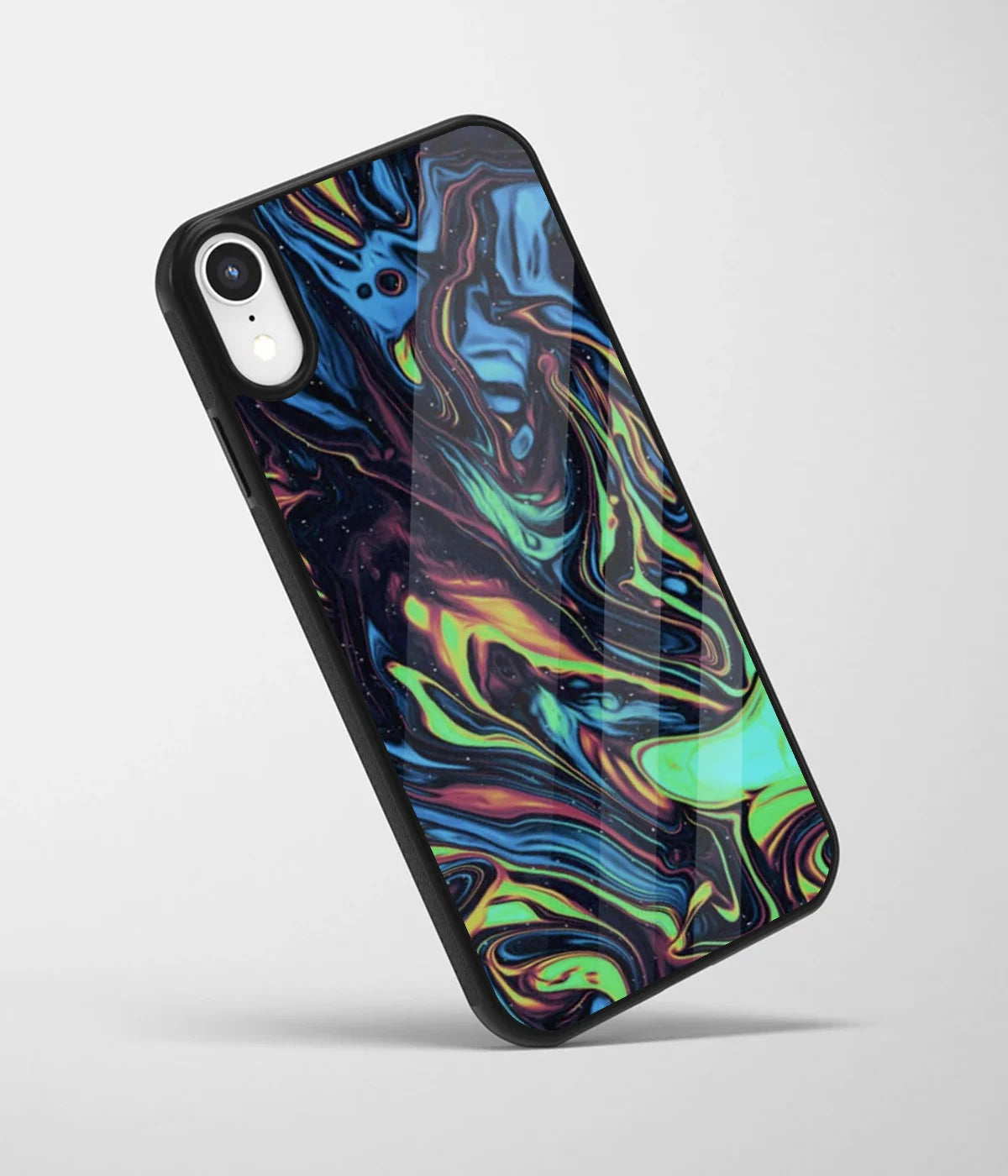 An angled view of a glass phone case featuring a vibrant design.