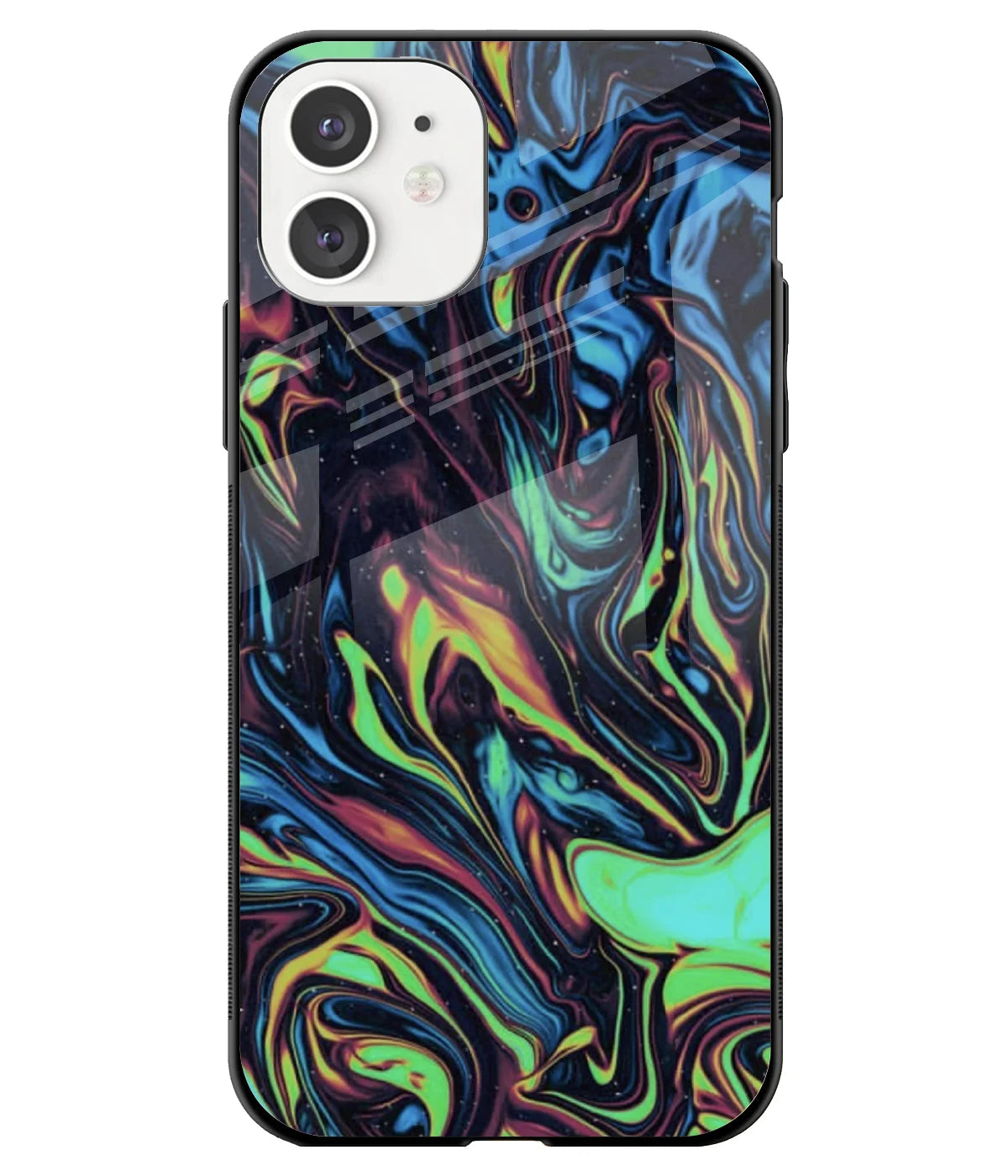 A front-on view of a glass phone case with a colorful design.
