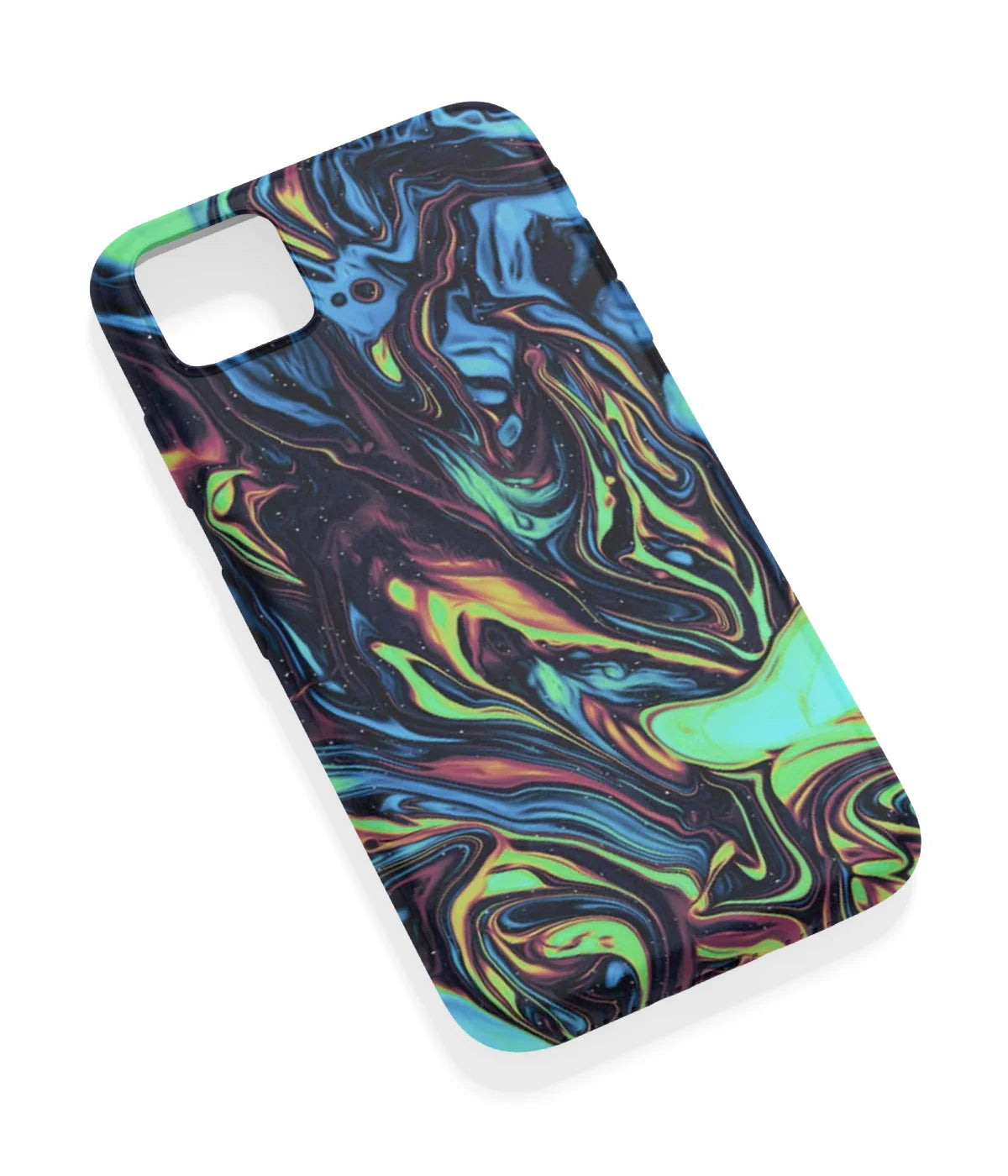 An angled view of a soft silicone case featuring a vibrant design.