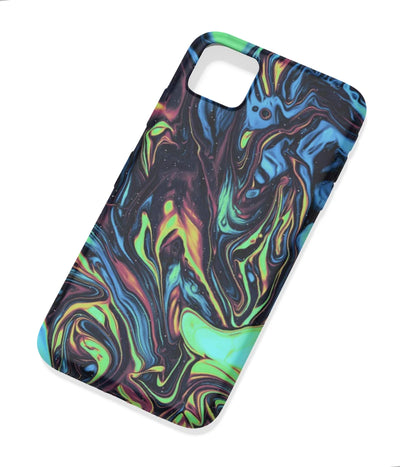 An angled view of a soft silicone case featuring a colorful design.