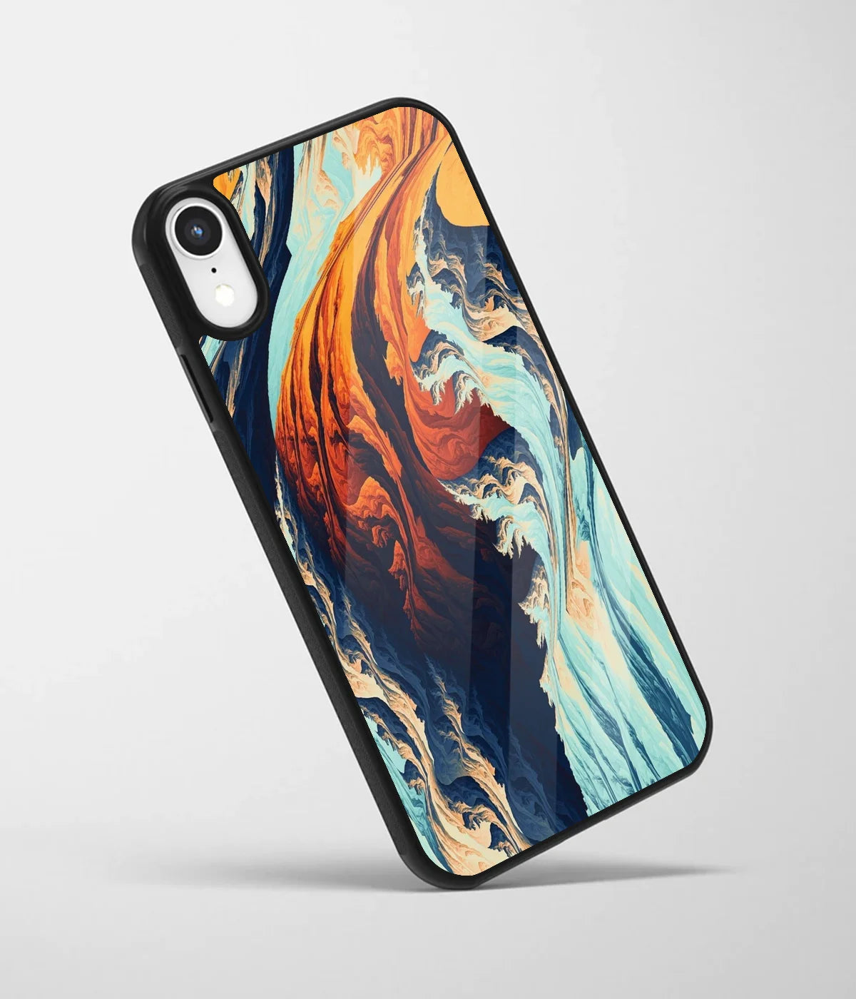 An angled view of a glass phone case featuring a vibrant design.