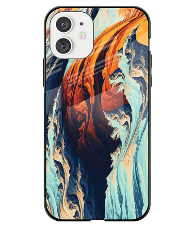 A front-on view of a glass phone case with a colorful design.
