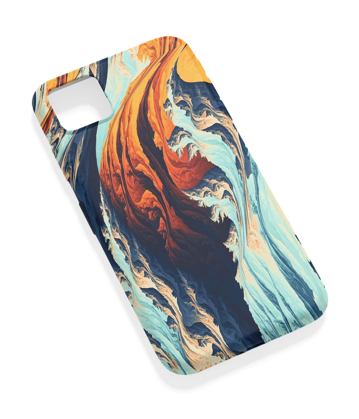 An angled view of a soft silicone case featuring a vibrant design.