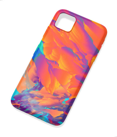 An angled view of a soft silicone case featuring a colorful design.
