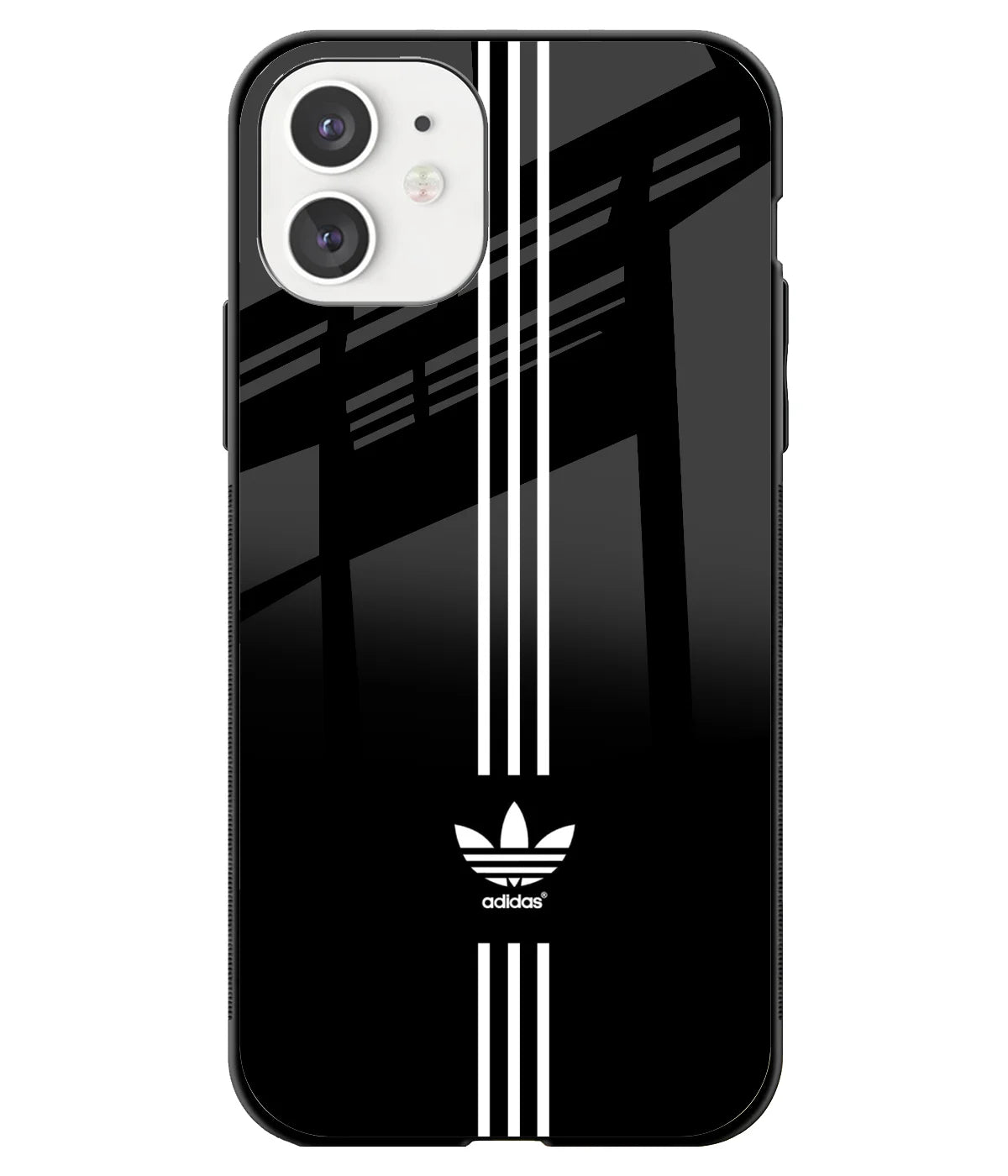 A front-on view of a glass phone case with a colorful design.