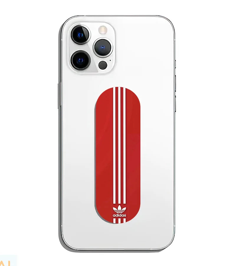 A phone grip slider applied to the back of a smartphone.
