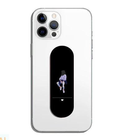 A phone grip slider applied to the back of a smartphone.