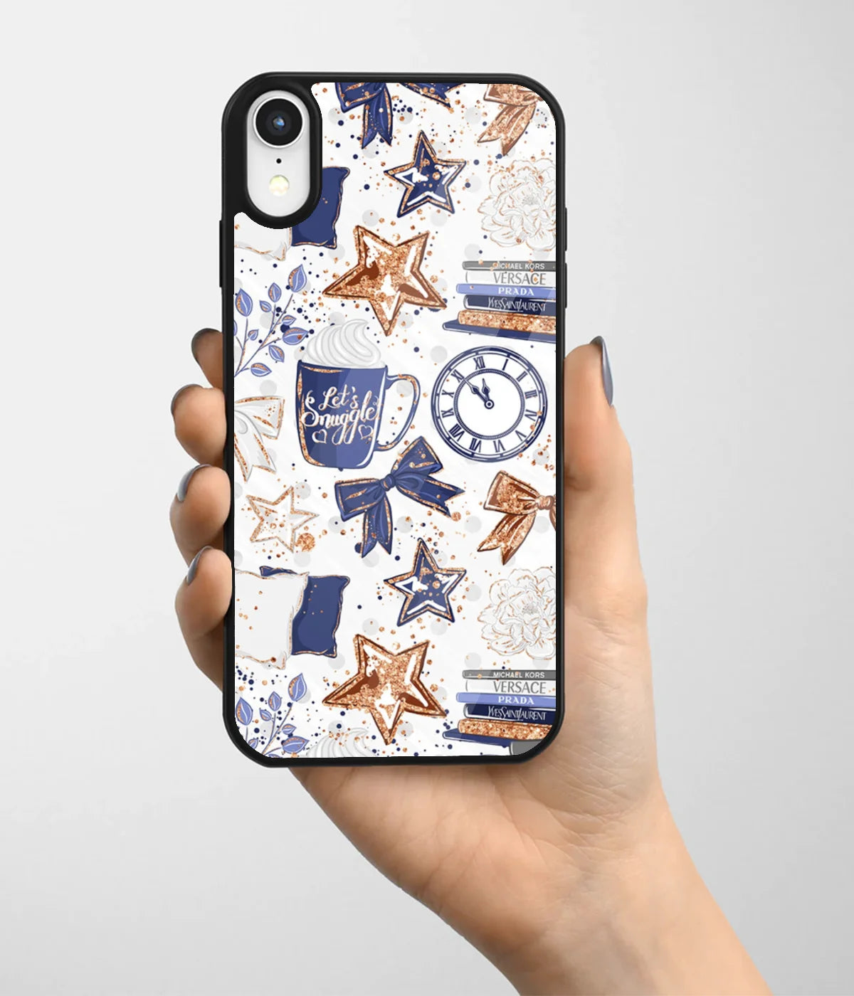 A hand holding a glass phone case with a colorful design.
