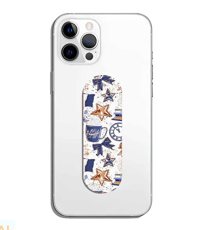 A phone grip slider applied to the back of a smartphone.