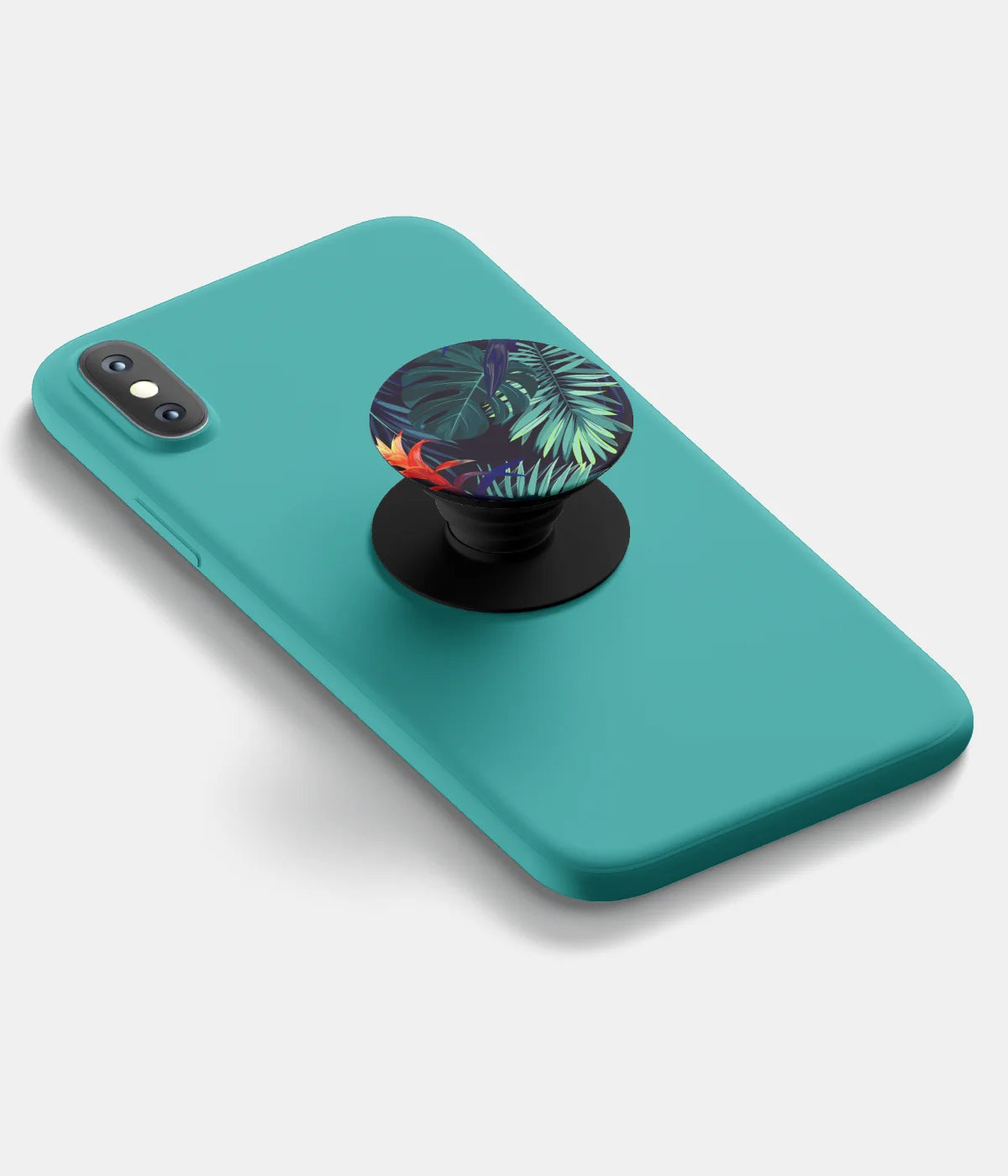 A top-down view of a phone grip holder attached to a mobile phone case on a white background