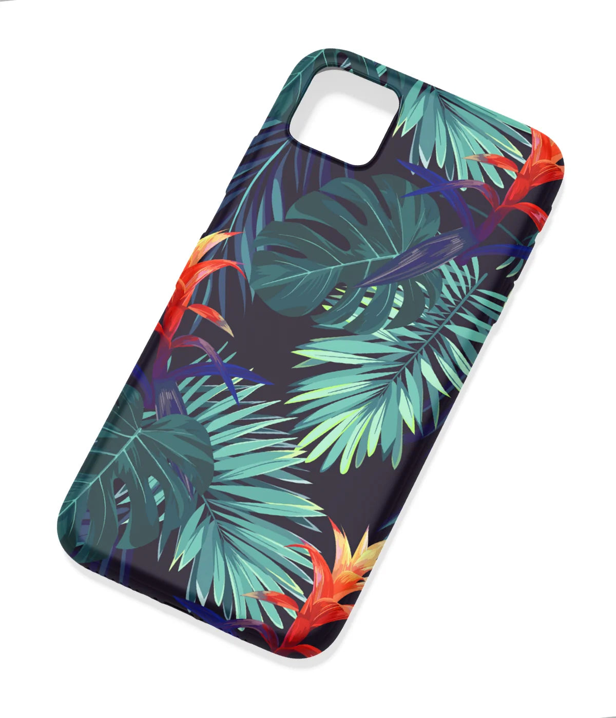An angled view of a soft silicone case featuring a colorful design.