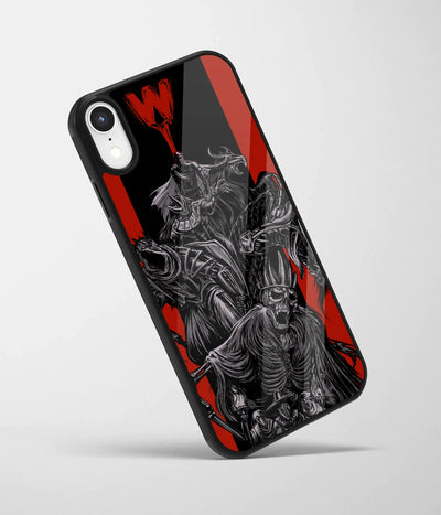 An angled view of a glass phone case featuring a vibrant design.
