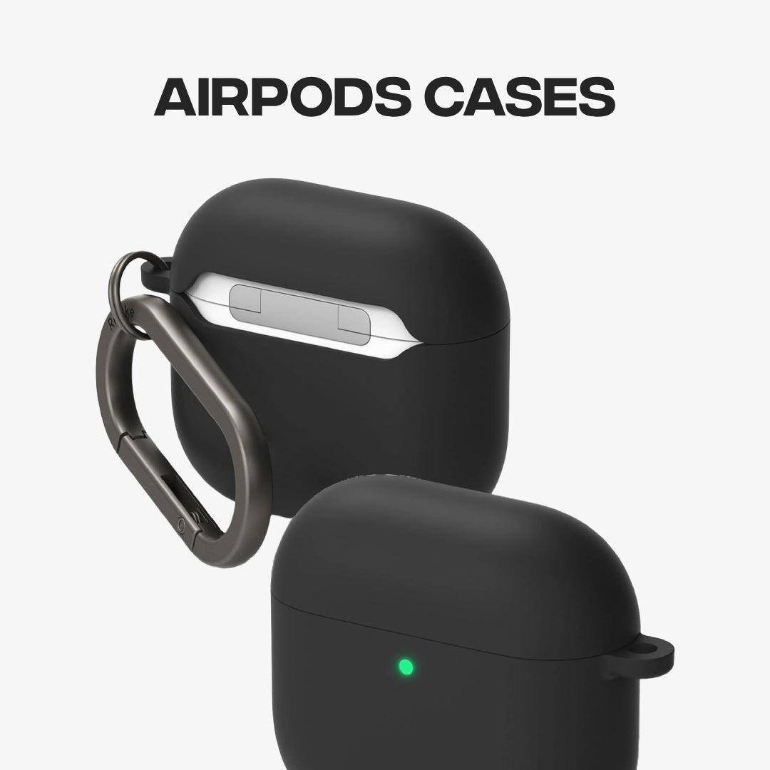 Banner featuring durable black AirPods Cases with a metal carabiner clip with the text "AirPods Cases".
