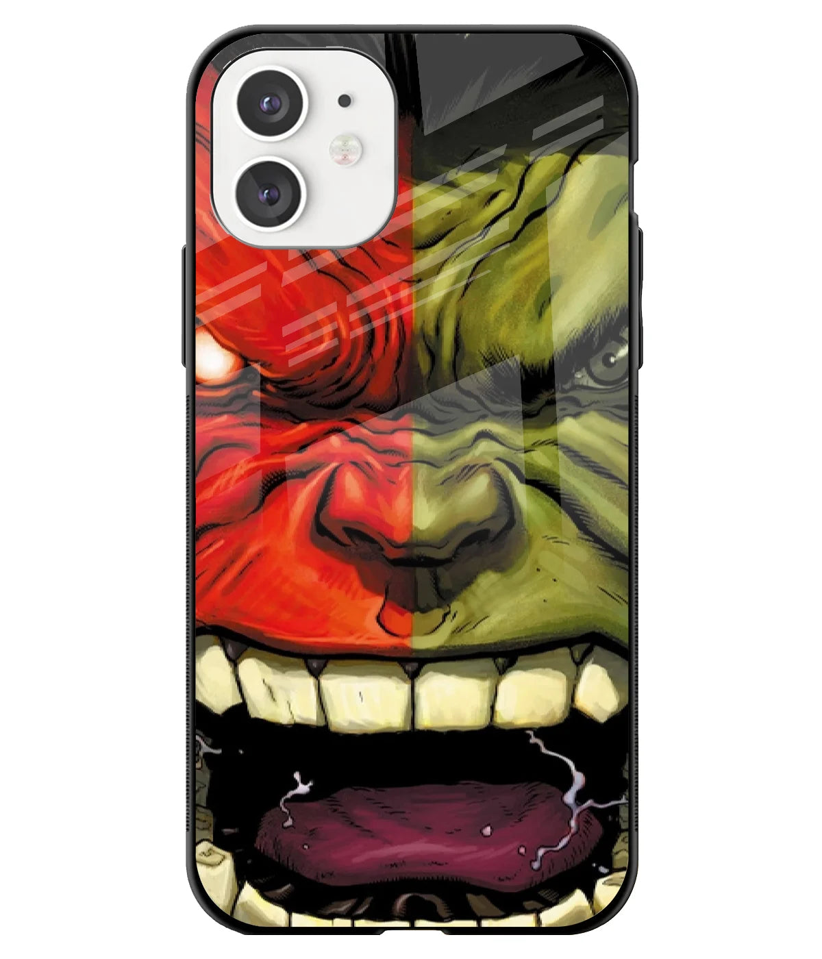 A front-on view of a glass phone case with a colorful design.