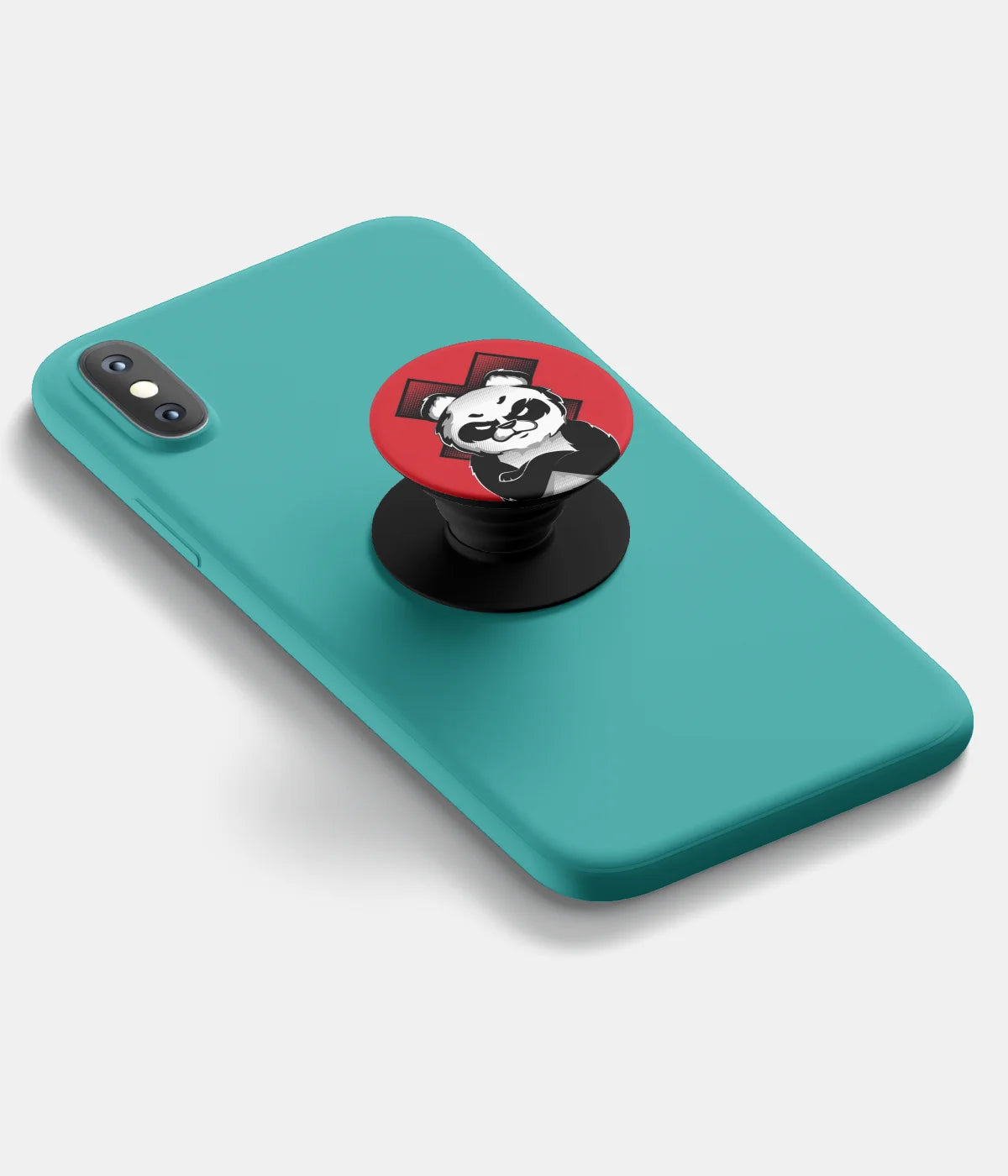 A top-down view of a phone grip holder attached to a mobile phone case on a white background