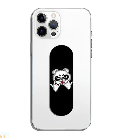 A phone grip slider applied to the back of a smartphone.