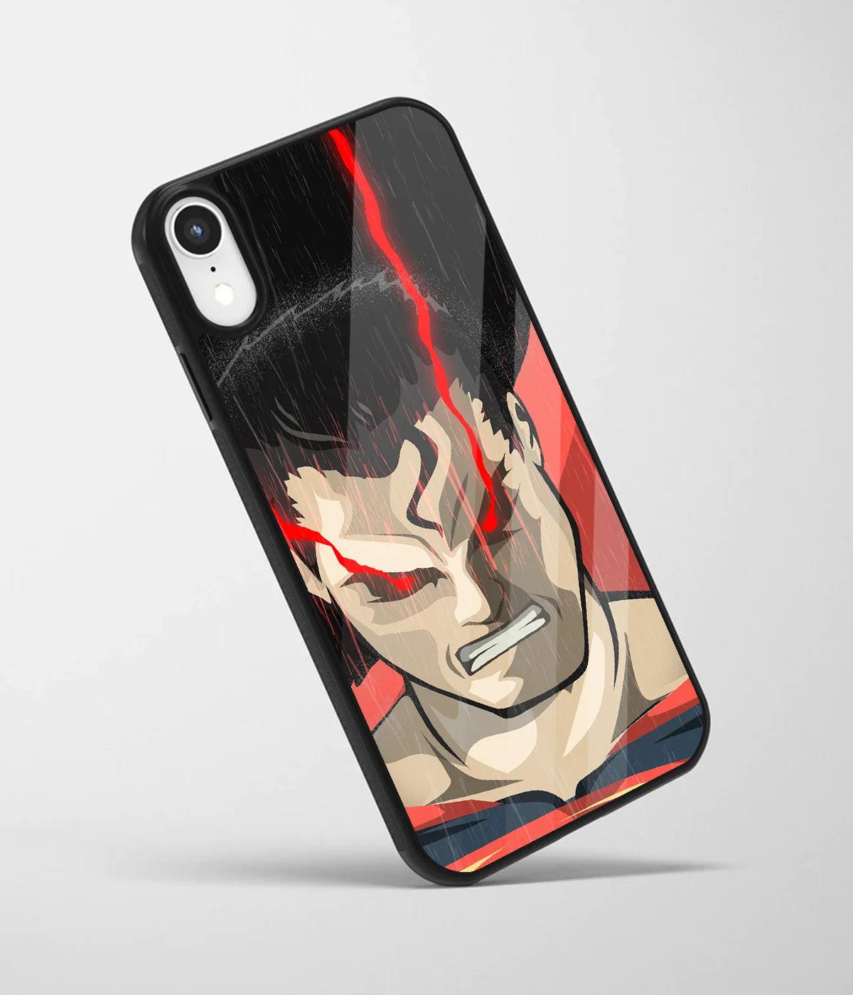 An angled view of a glass phone case featuring a vibrant design.