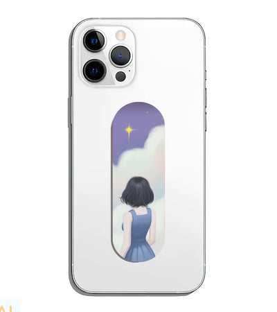 A phone grip slider applied to the back of a smartphone.