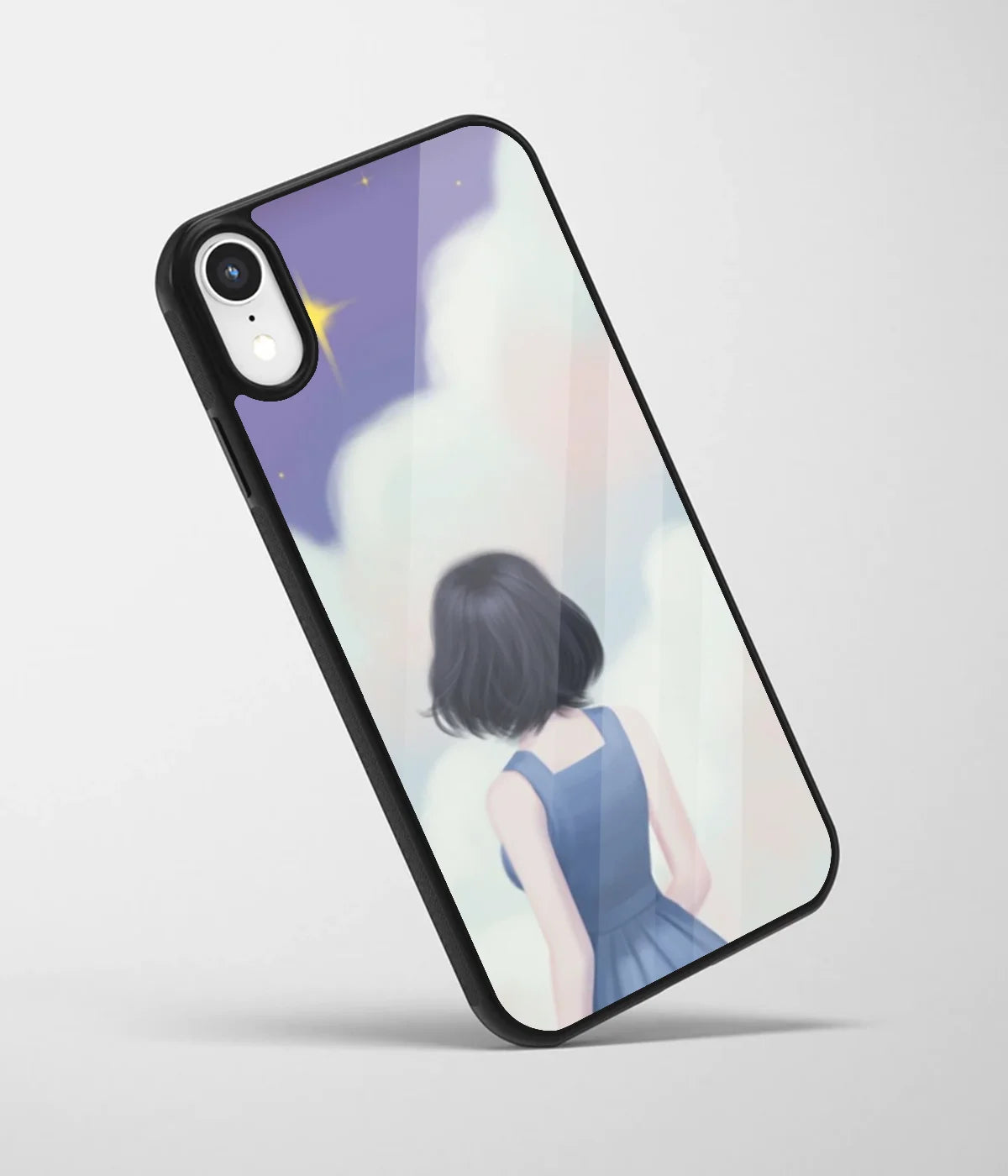 An angled view of a glass phone case featuring a vibrant design.
