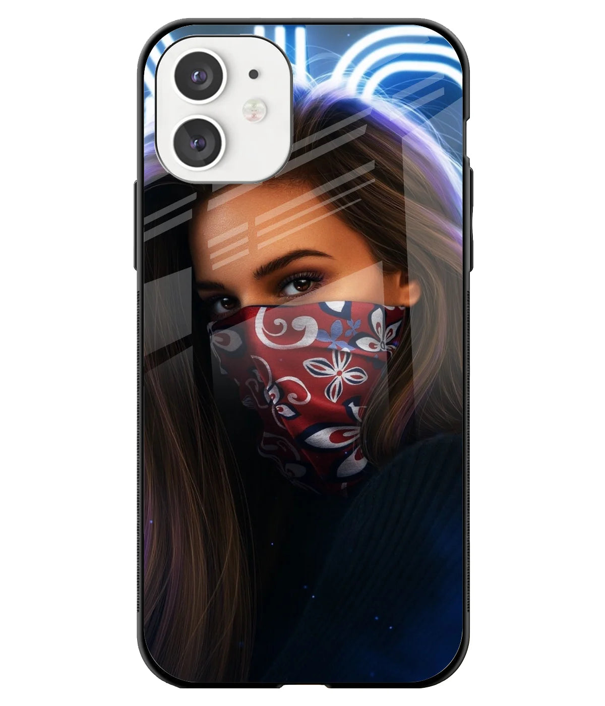A front-on view of a glass phone case with a colorful design.