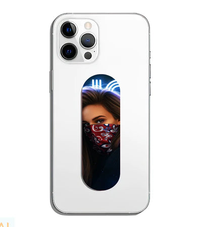 A phone grip slider applied to the back of a smartphone.