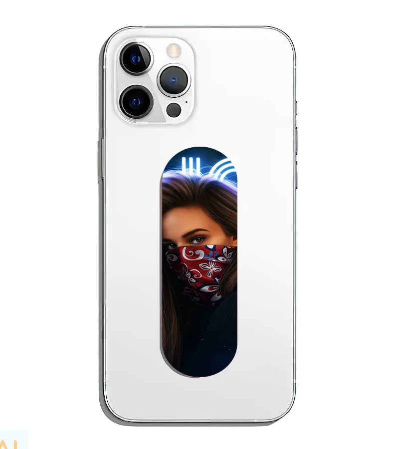 A phone grip slider applied to the back of a smartphone.