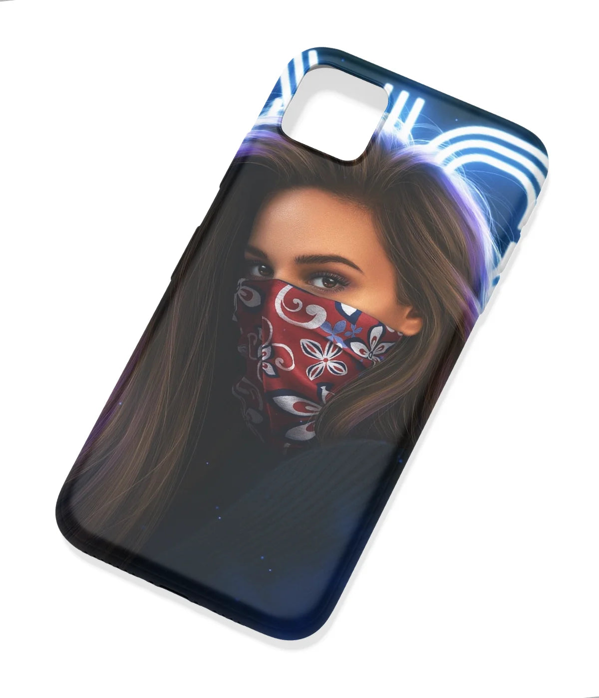 An angled view of a soft silicone case featuring a colorful design.