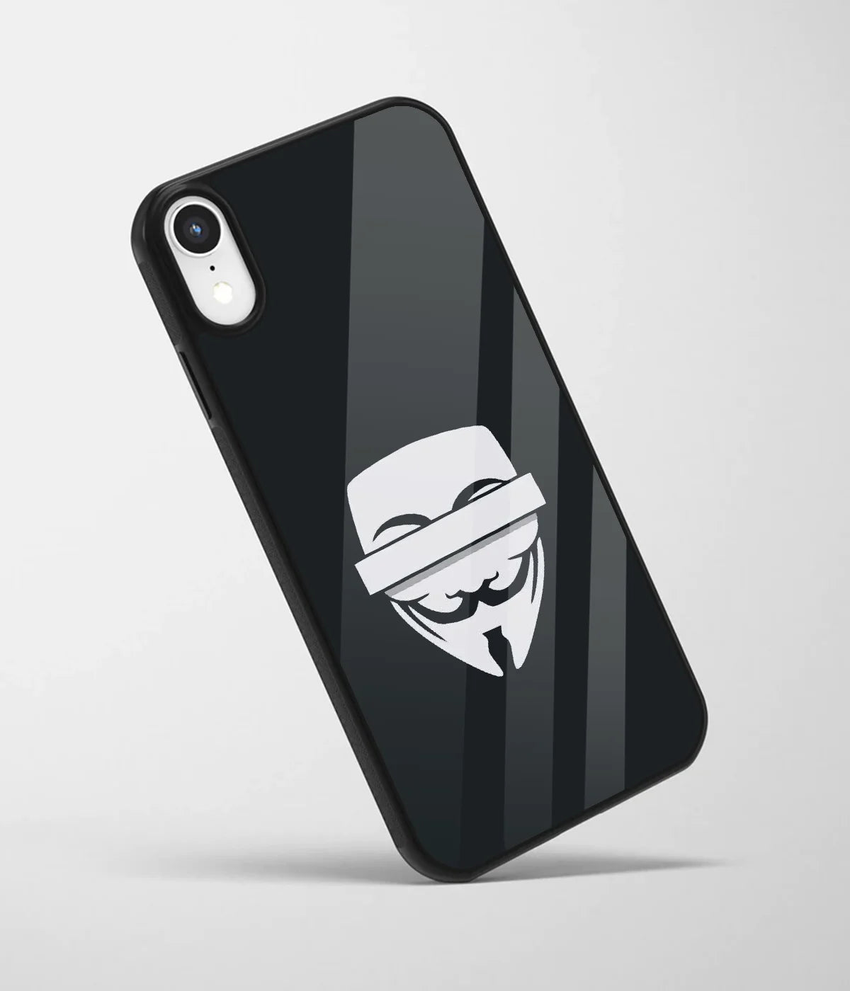 An angled view of a glass phone case featuring a vibrant design.