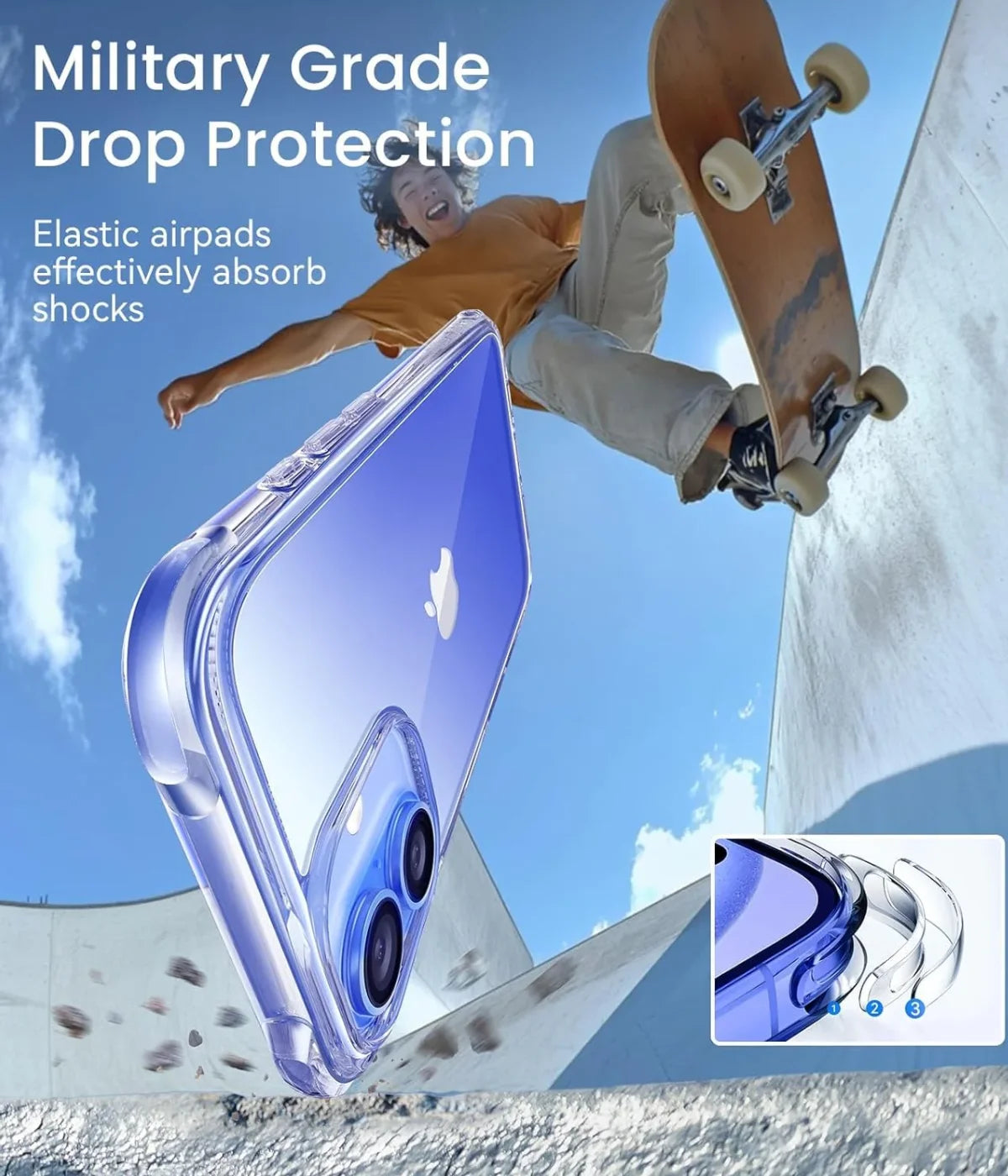 An iPhone in a transparent case falling safely alongside a skateboarder to demonstrate military-grade drop shock absorption.
