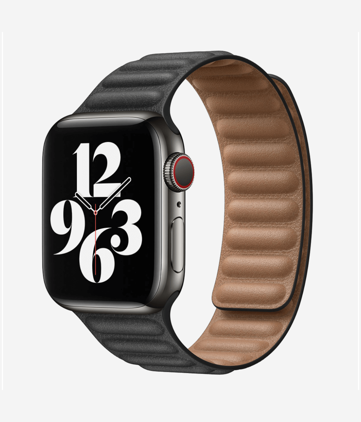 Product shot of the magnetic leather Apple Watch band highlighting the premium ribbed leather texture and the secure, buckle-free magnetic closure system.