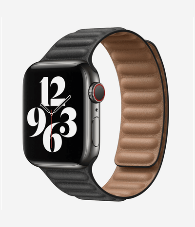 Product shot of the magnetic leather Apple Watch band highlighting the premium ribbed leather texture and the secure, buckle-free magnetic closure system.