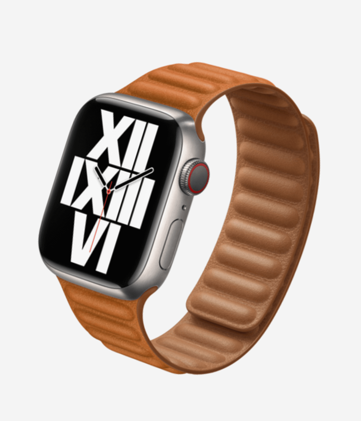 Product shot of the magnetic leather Apple Watch band highlighting the premium ribbed leather texture and the secure magnetic link closure system.